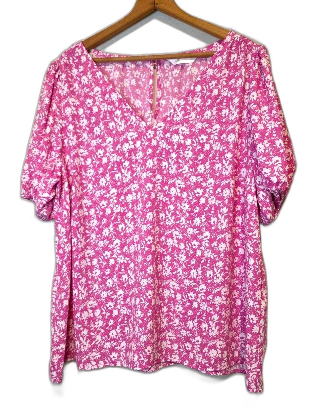 LC Lauren Conrad Top Pink Floral Puff Sleeve Boho Cottagecore Peasant Size XL